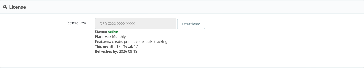 Aktivna licenca v nastavitvah modula DPD Shipping