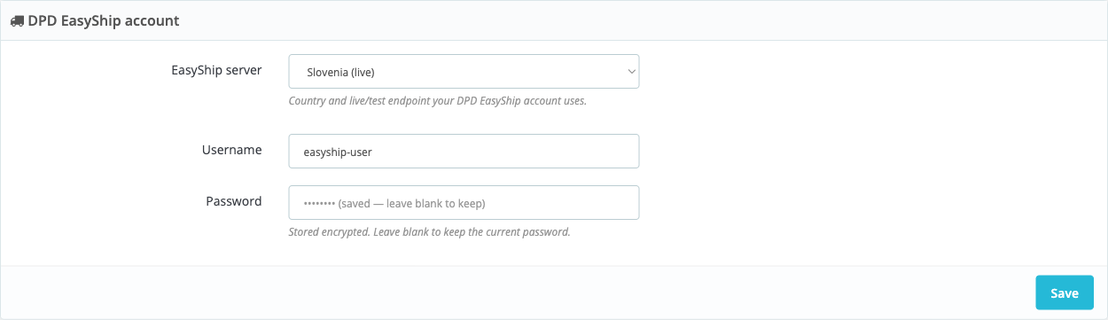 Nastavitve DPD EasyShip računa v modulu