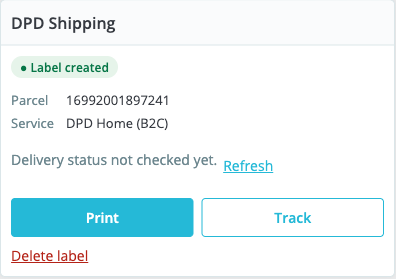 Panel DPD Shipping po ustvarjeni nalepki