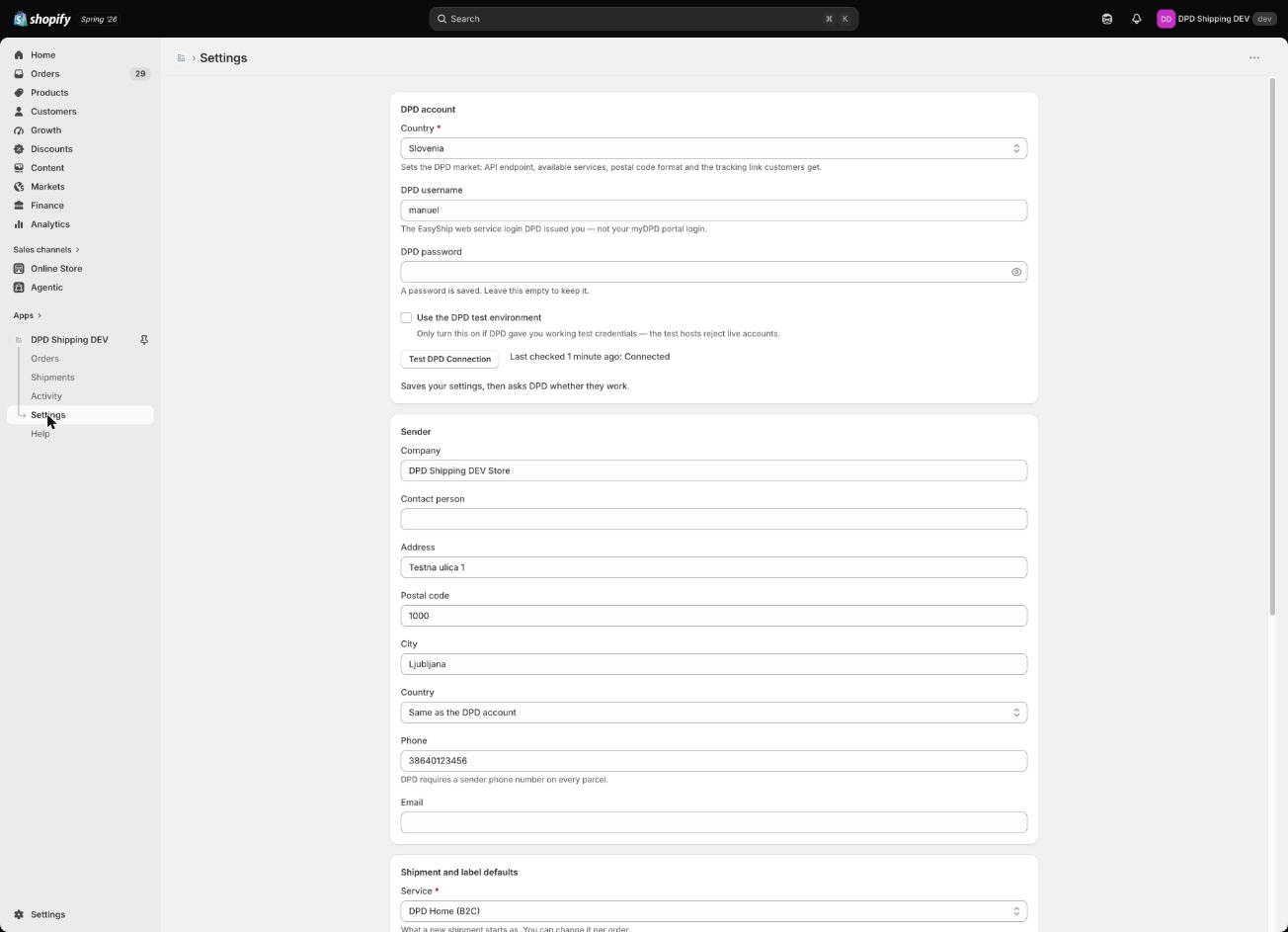Stran Settings z nastavitvami DPD account in Sender